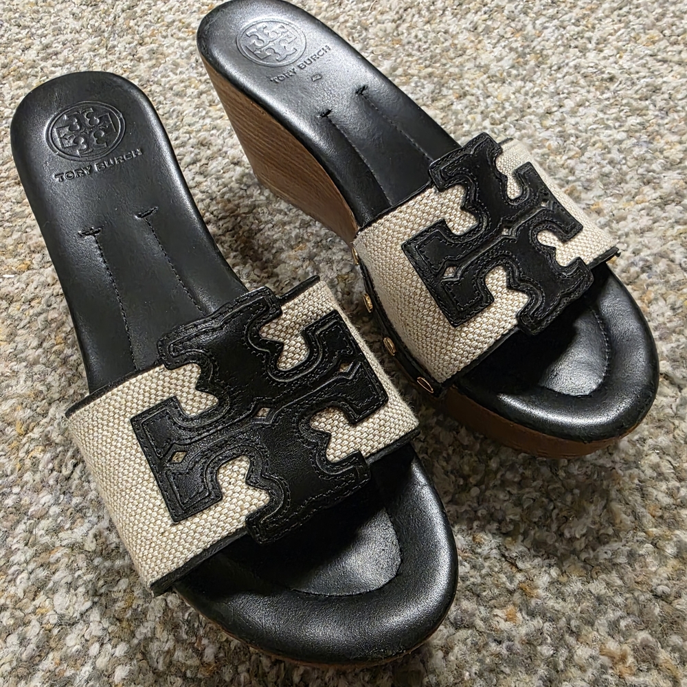 Tory Burch Black and Cream Wedge Sandals